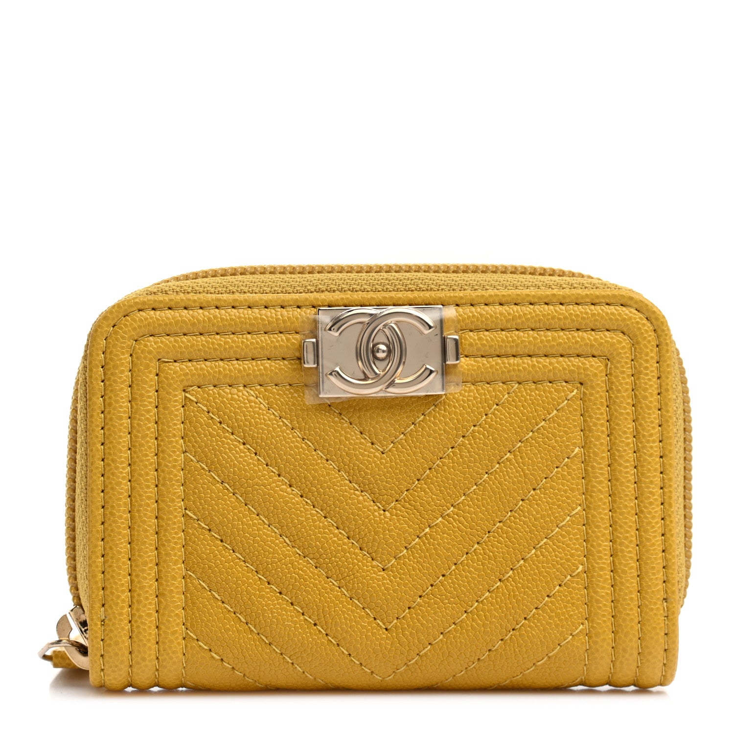 Chanel Caviar Chevron Quilted Boy Zip Around Coin Purse Wallet Yellow 1 of 7