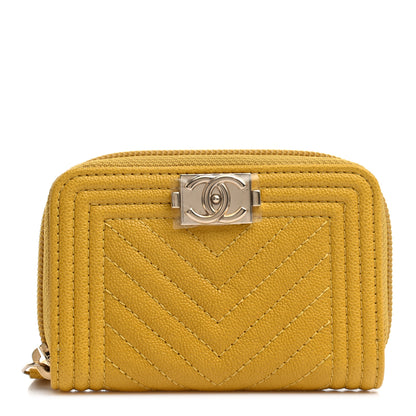 Chanel Caviar Chevron Quilted Boy Zip Around Coin Purse Wallet Yellow 1 of 7