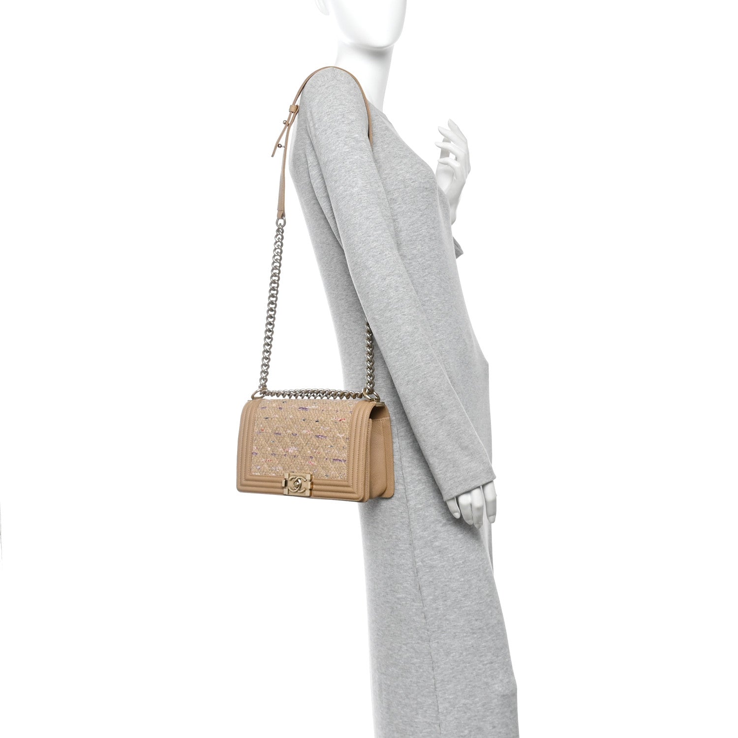Chanel Calfskin Tweed Medium Boy Flap Dark Beige 2 of 11