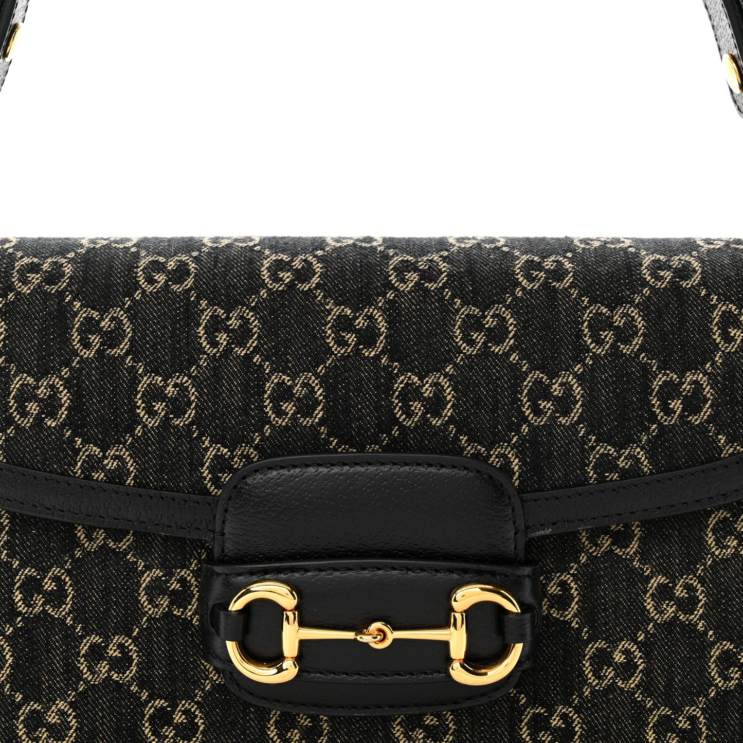Jacquard Black Denim GG Monogram Textured Dollar Calfskin Horsebit 1955 Shoulder Bag Black Ivory