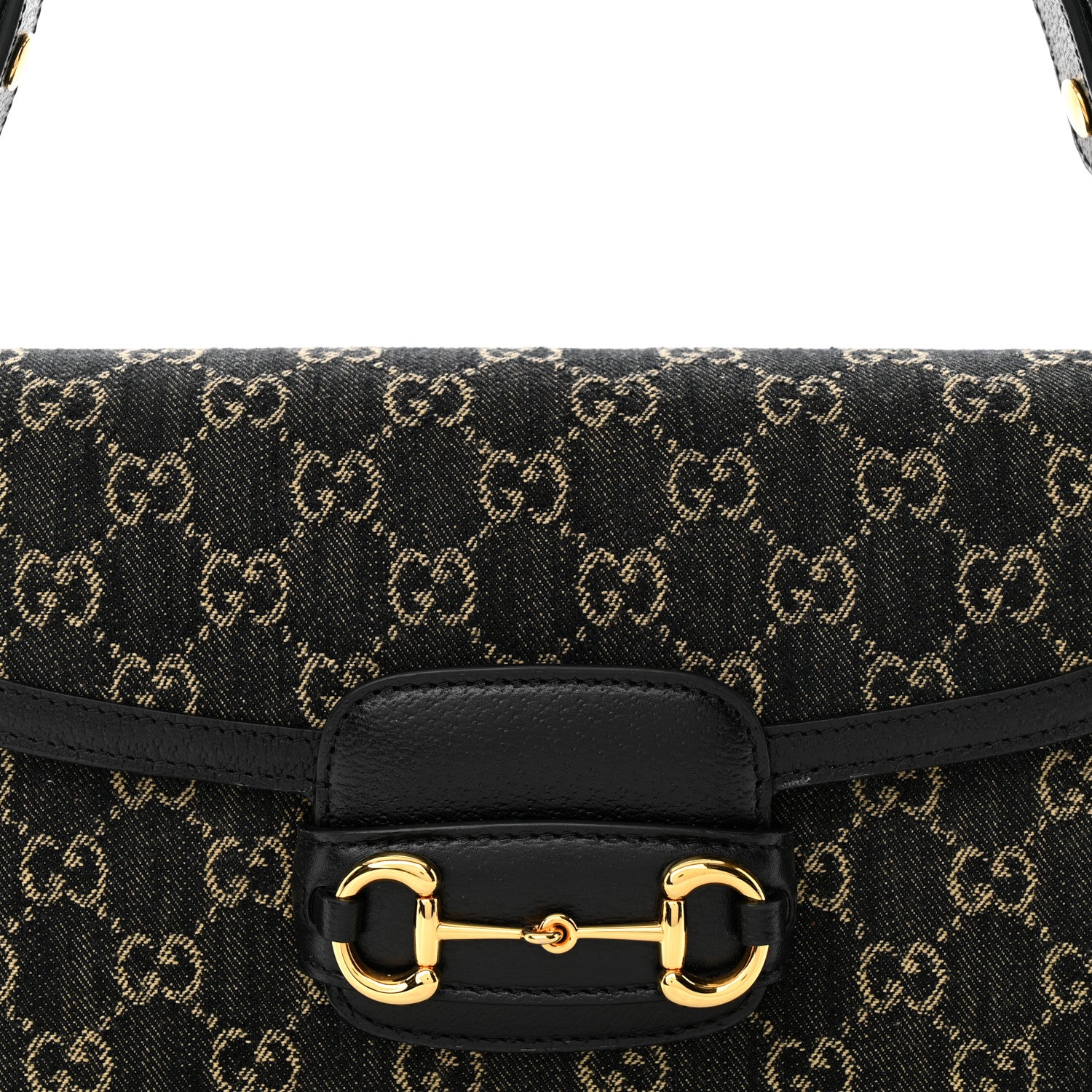 Gucci Jacquard Black Denim GG Monogram Textured Dollar Calfskin Horsebit 1955 Shoulder Bag Black Ivory 10 of 16