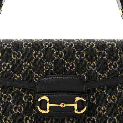 Gucci Jacquard Black Denim GG Monogram Textured Dollar Calfskin Horsebit 1955 Shoulder Bag Black Ivory 10 of 16
