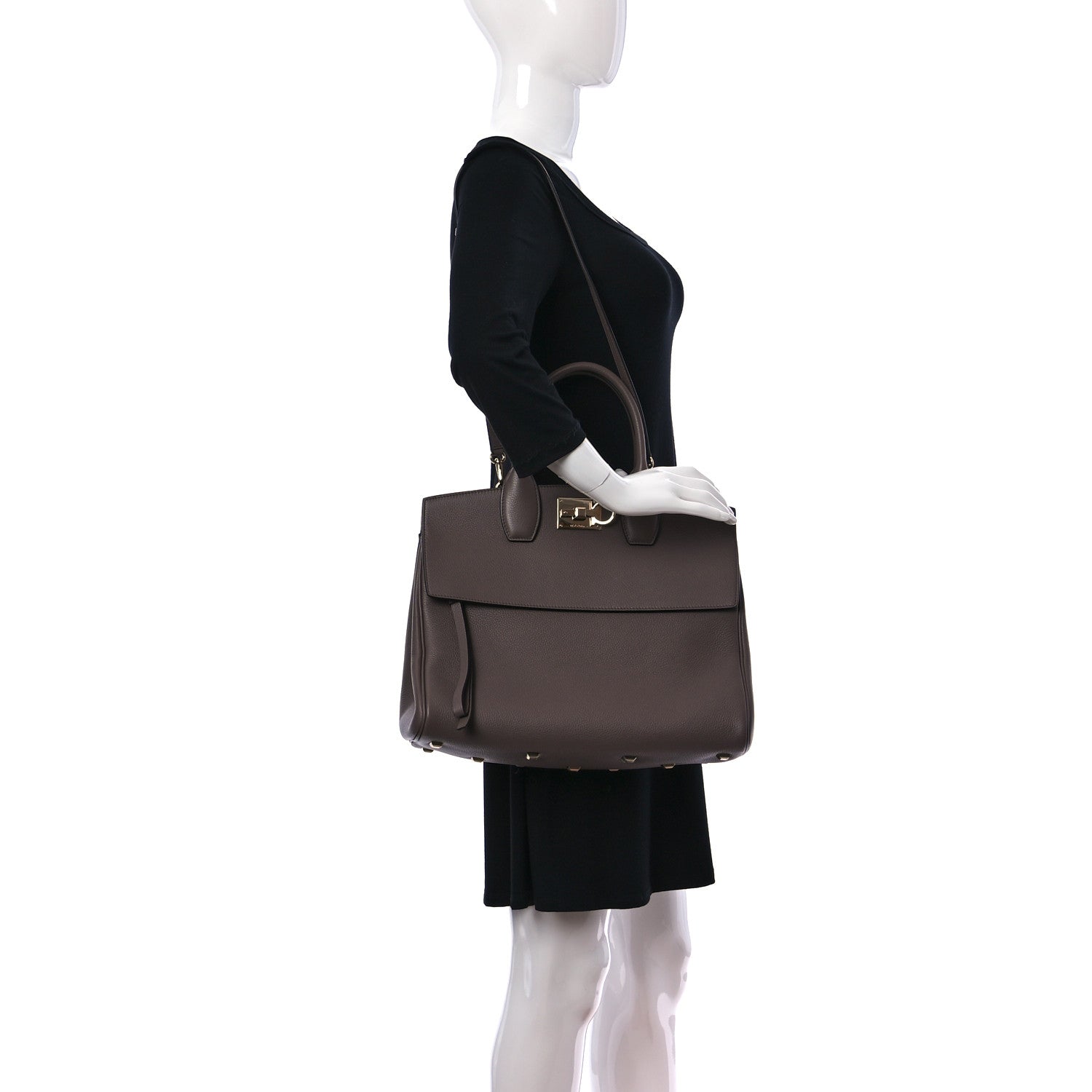 Salvatore Ferragamo Hammered Calfskin Medium Studio Bag Caraway Seed 2 of 9