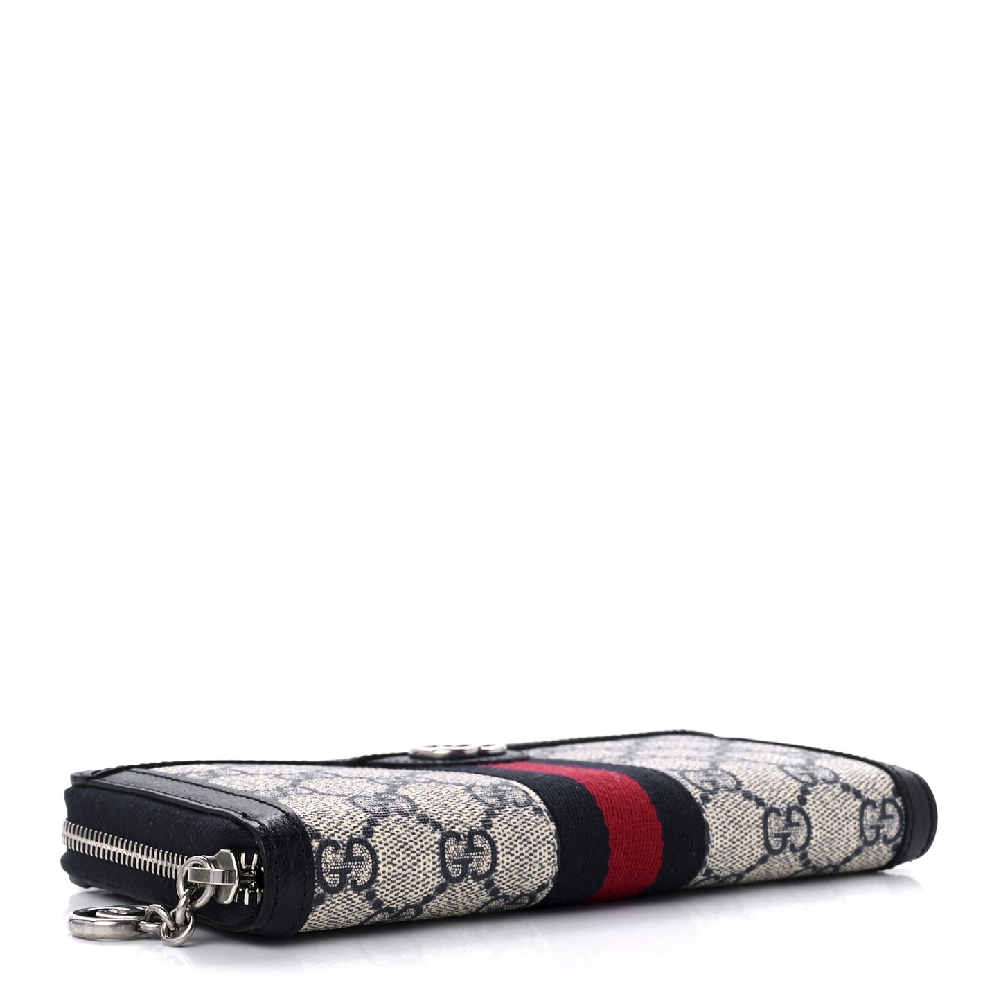 GG Supreme Monogram Textured Dollar Calfskin Web Ophidia Zip Around Wallet Beige Blue