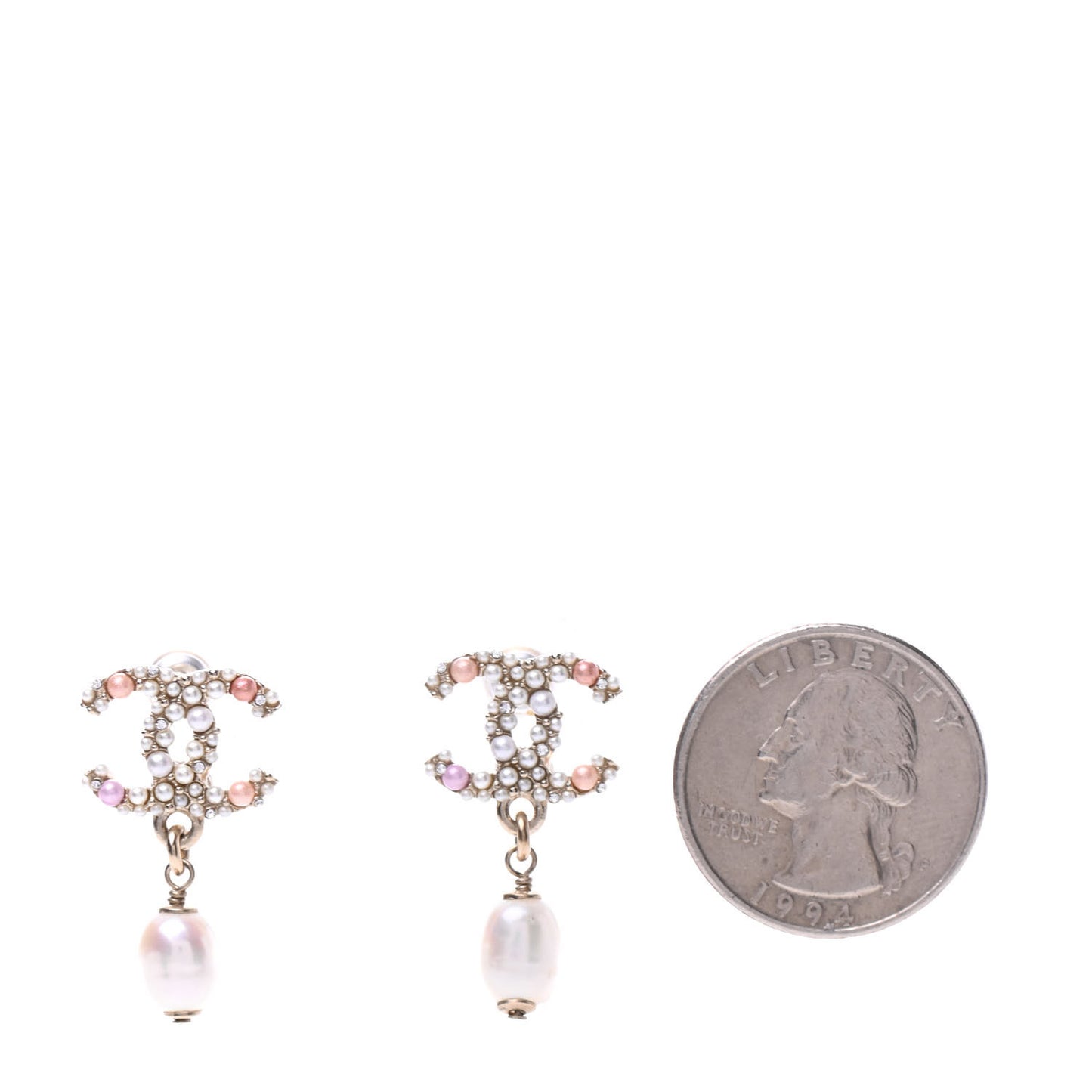 Pearl Crystal CC Charm Drop Earrings Light Gold Pink
