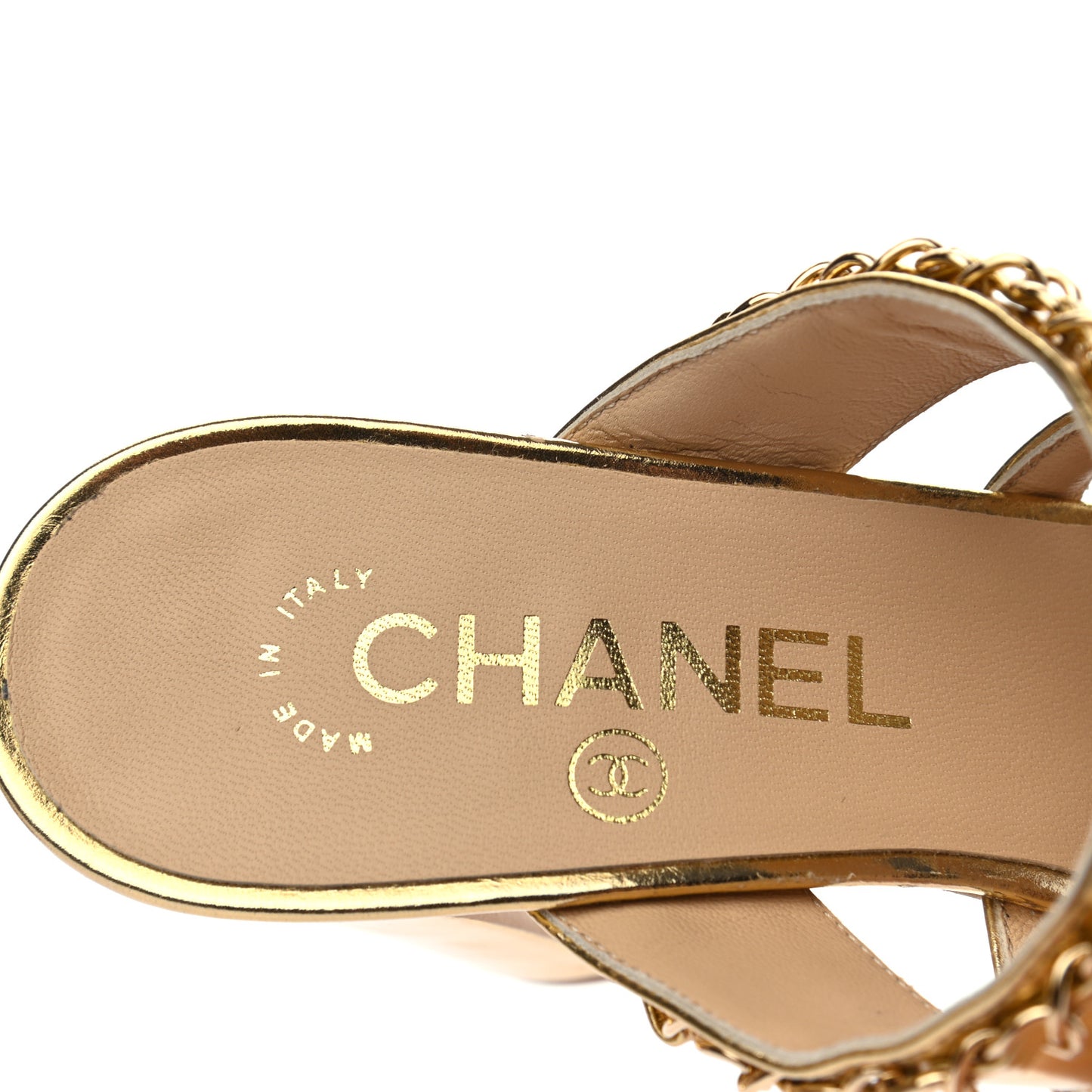 Laminated Lambskin Chain CC Mule Sandals 36 Gold