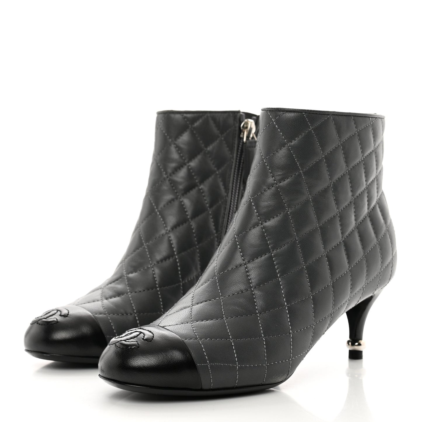 Lambskin Quilted Patent Cap Toe CC Booties 35 Charcoal Black