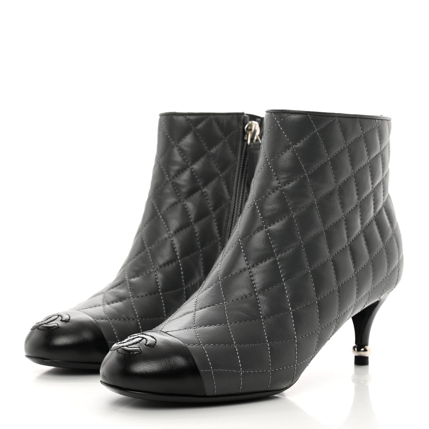 Chanel Lambskin Quilted Patent Cap Toe CC Booties 35 Charcoal Black 3 of 10