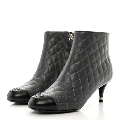 Chanel Lambskin Quilted Patent Cap Toe CC Booties 35 Charcoal Black 3 of 10