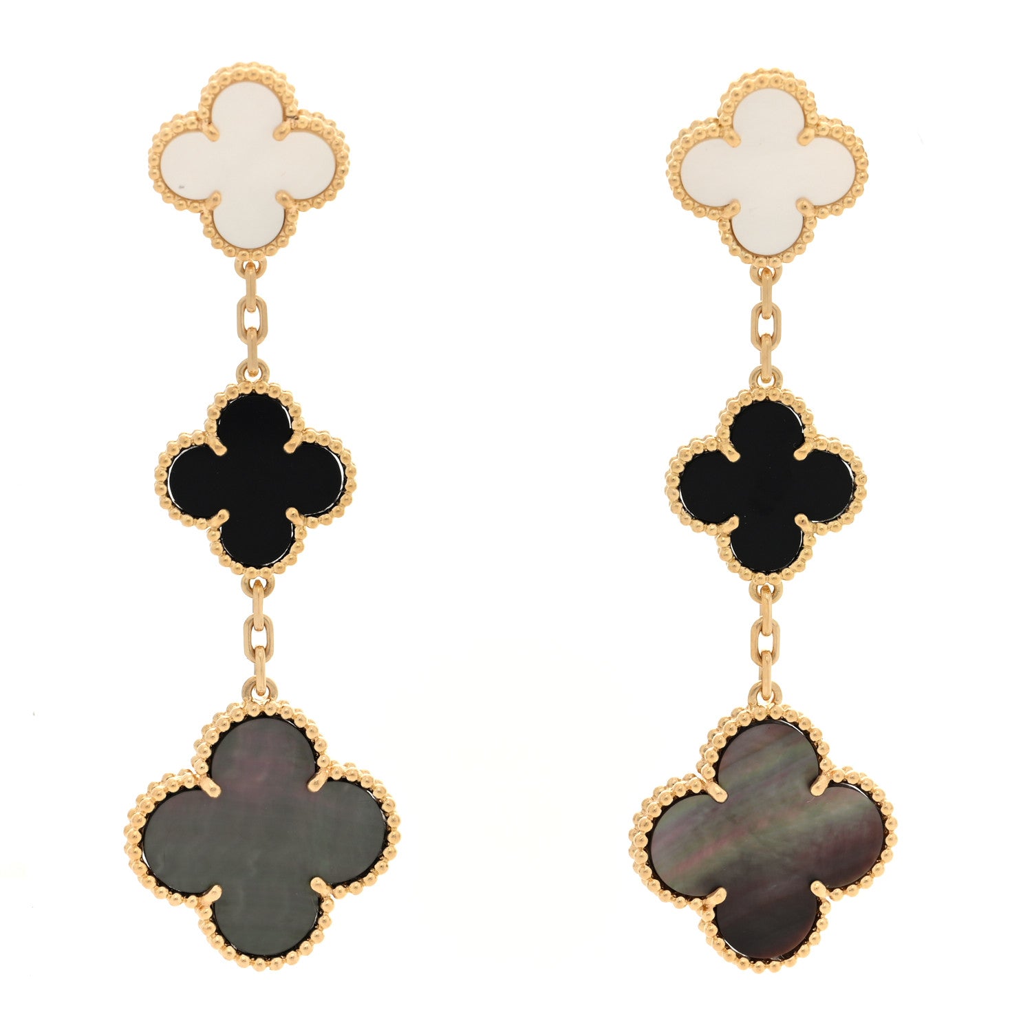 Van Cleef & Arpels 18K Yellow Gold Mother of Pearl Black Onyx 3 Motifs Magic Alhambra Earrings 1 of 5