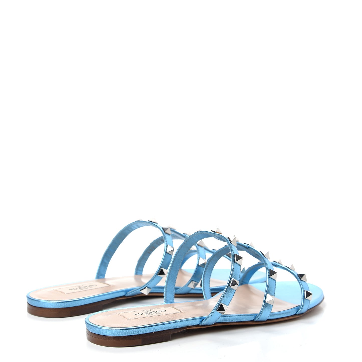 Metallic Nappa Rockstud Caged Flat Slide Sandals 38.5 Cerulean