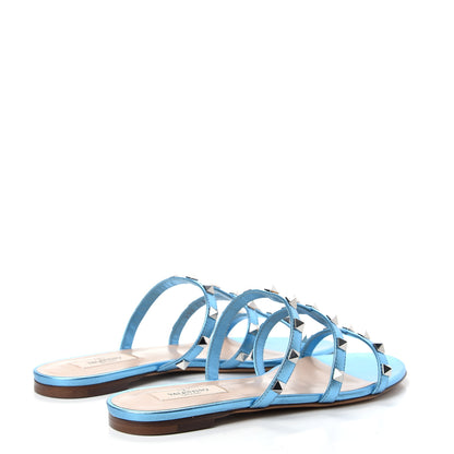 Valentino Garavani Metallic Nappa Rockstud Caged Flat Slide Sandals 38.5 Cerulean 4 of 11