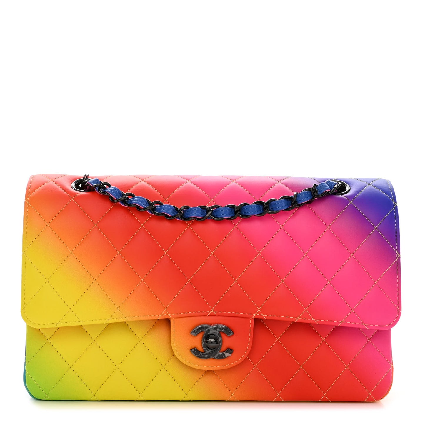 Calfskin Quilted Medium Rainbow Double Flap Multicolor