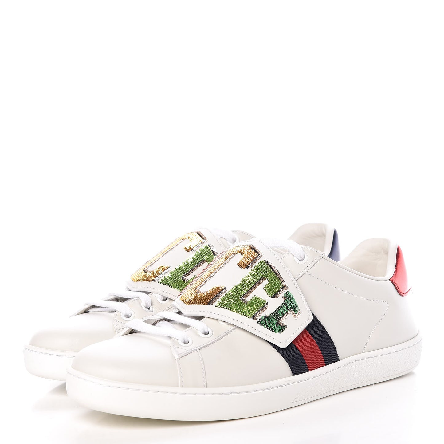 Calfskin Sequins Web Game Logo Womens Ace Sneakers 38.5 White
