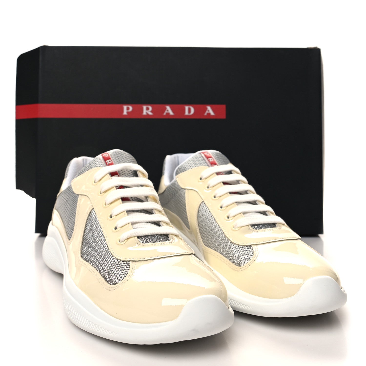 Prada Patent Mens America's Cup Patchwork Sneakers 9 Vanilla Silver 9 of 9