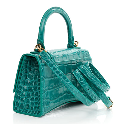 Balenciaga Shiny Calfskin Crocodile Embossed Hourglass Top Handle Bag XS Dark Turquoise 2 of 6
