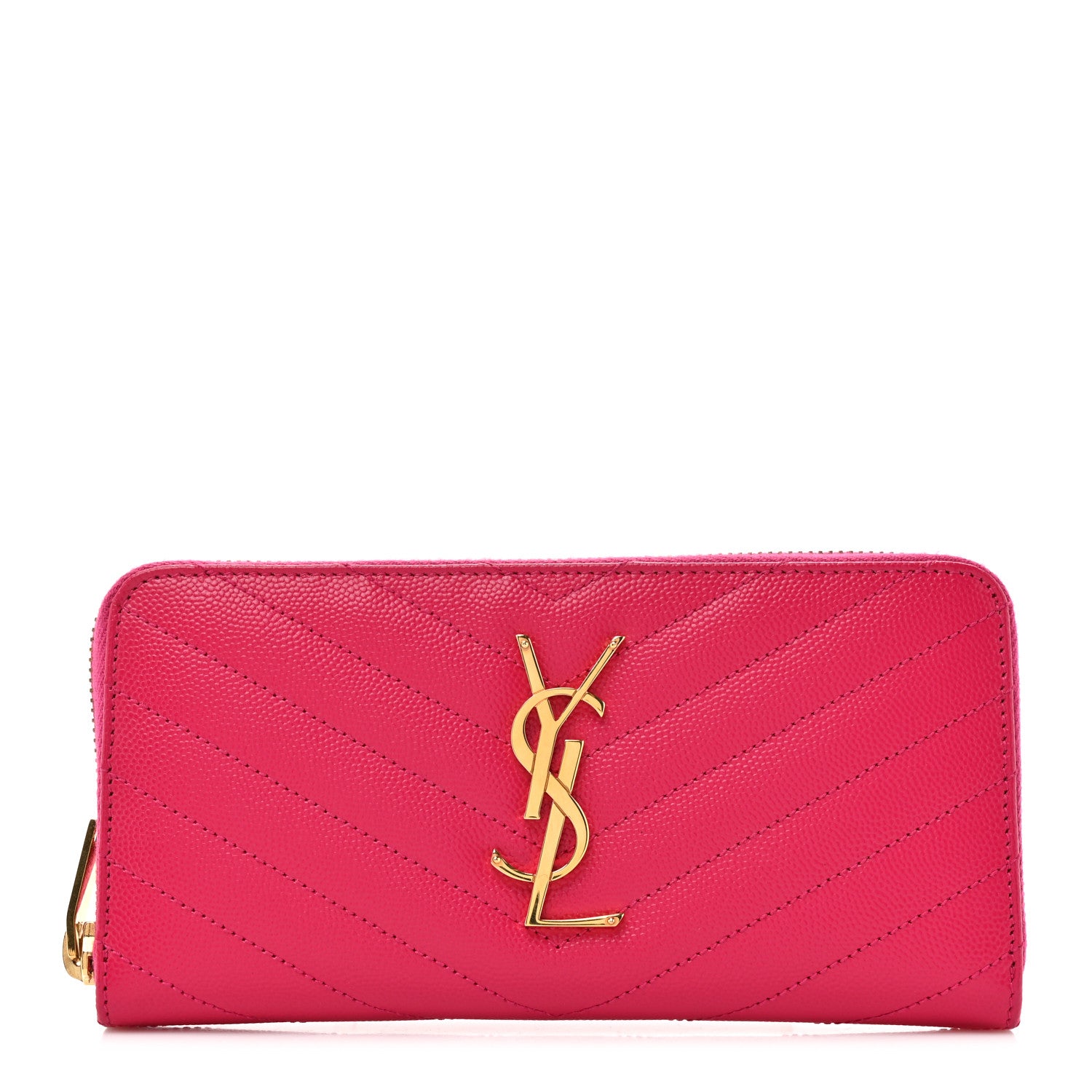 Saint Laurent Grain De Poudre Matelasse Chevron Monogram Zip Around Wallet Fuchsia 1 of 11