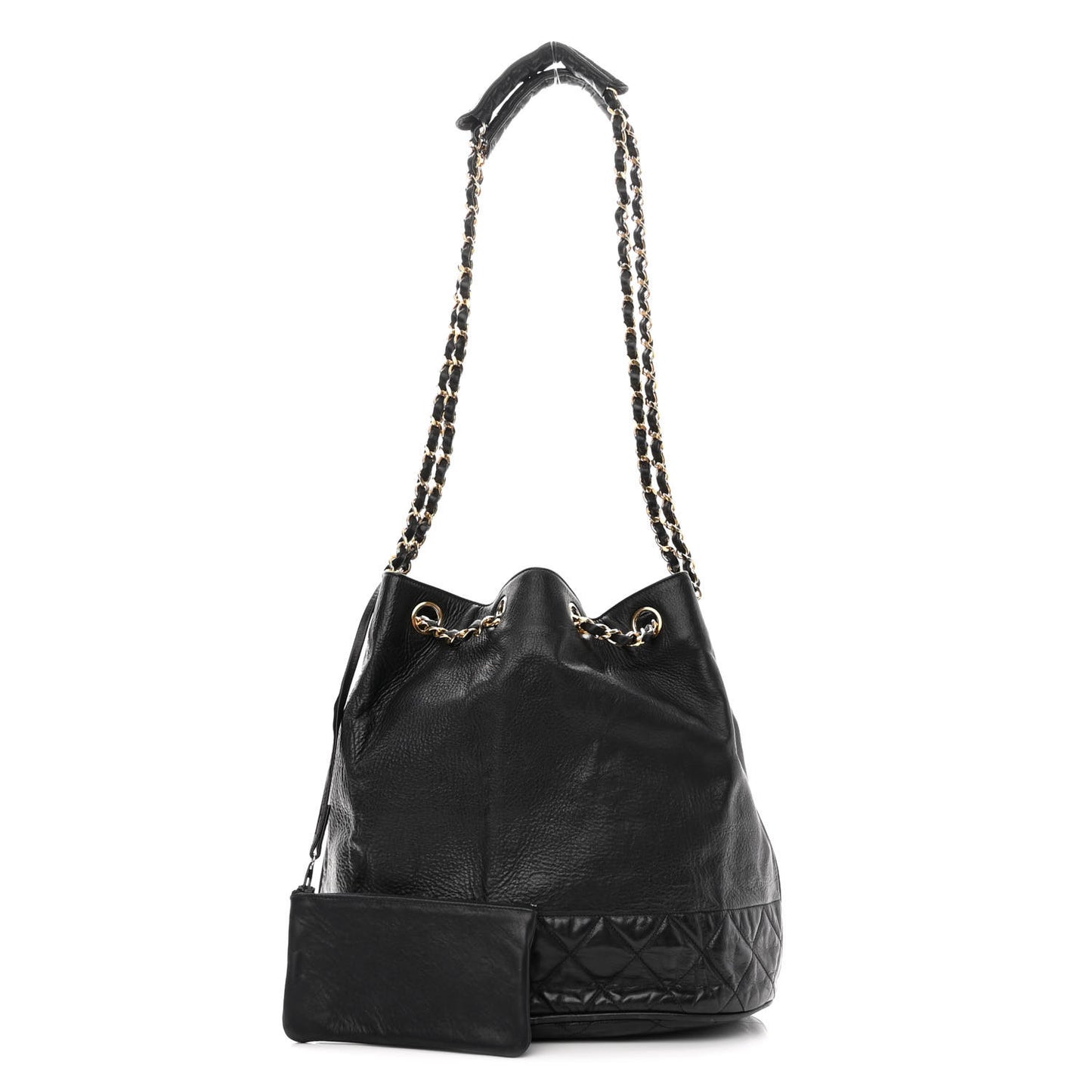 Grained Calfskin Lambskin Quilted Drawstring Bucket Bag Black