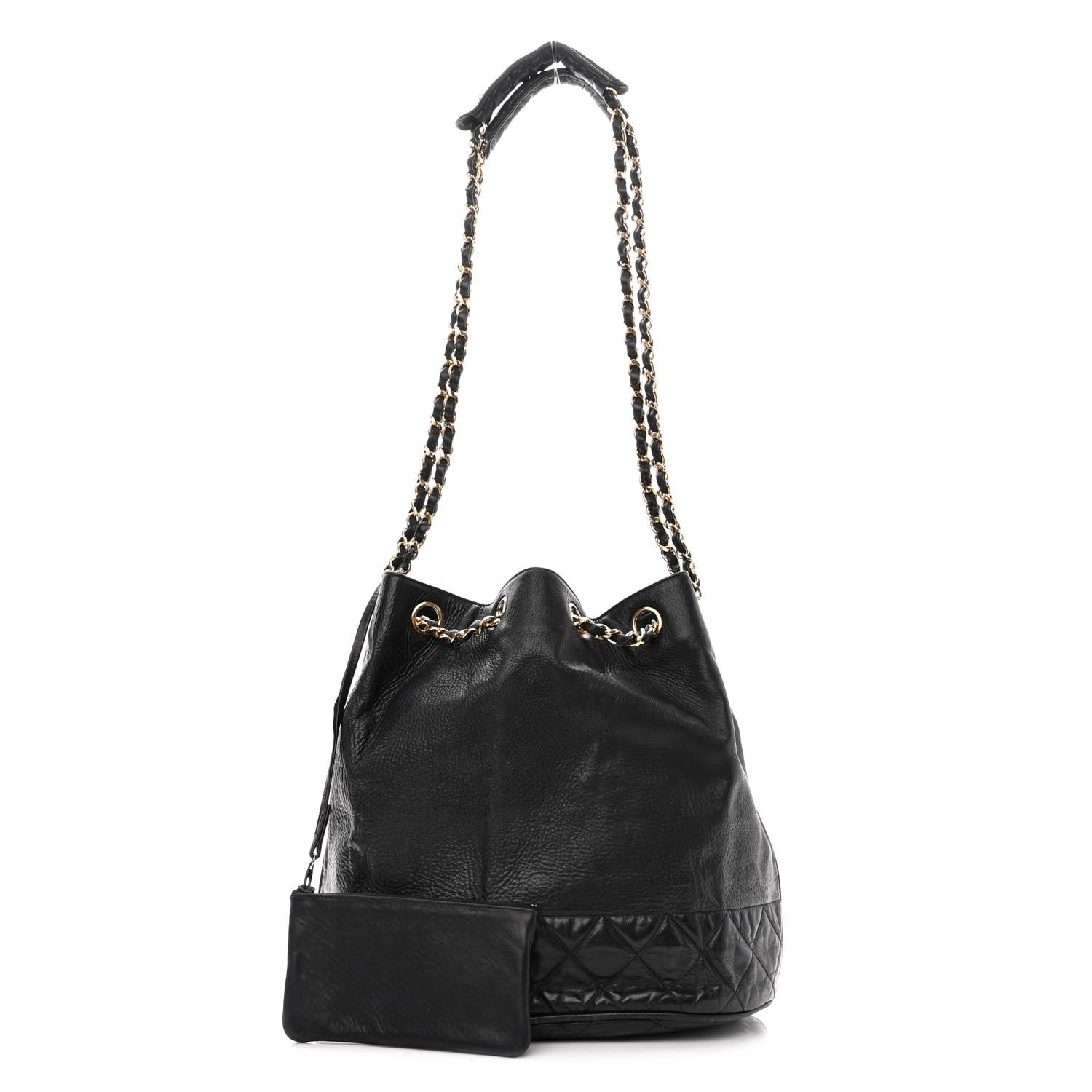 Chanel Grained Calfskin Lambskin Quilted Drawstring Bucket Bag Black 1 of 12