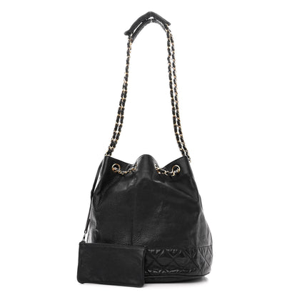 Chanel Grained Calfskin Lambskin Quilted Drawstring Bucket Bag Black 1 of 12