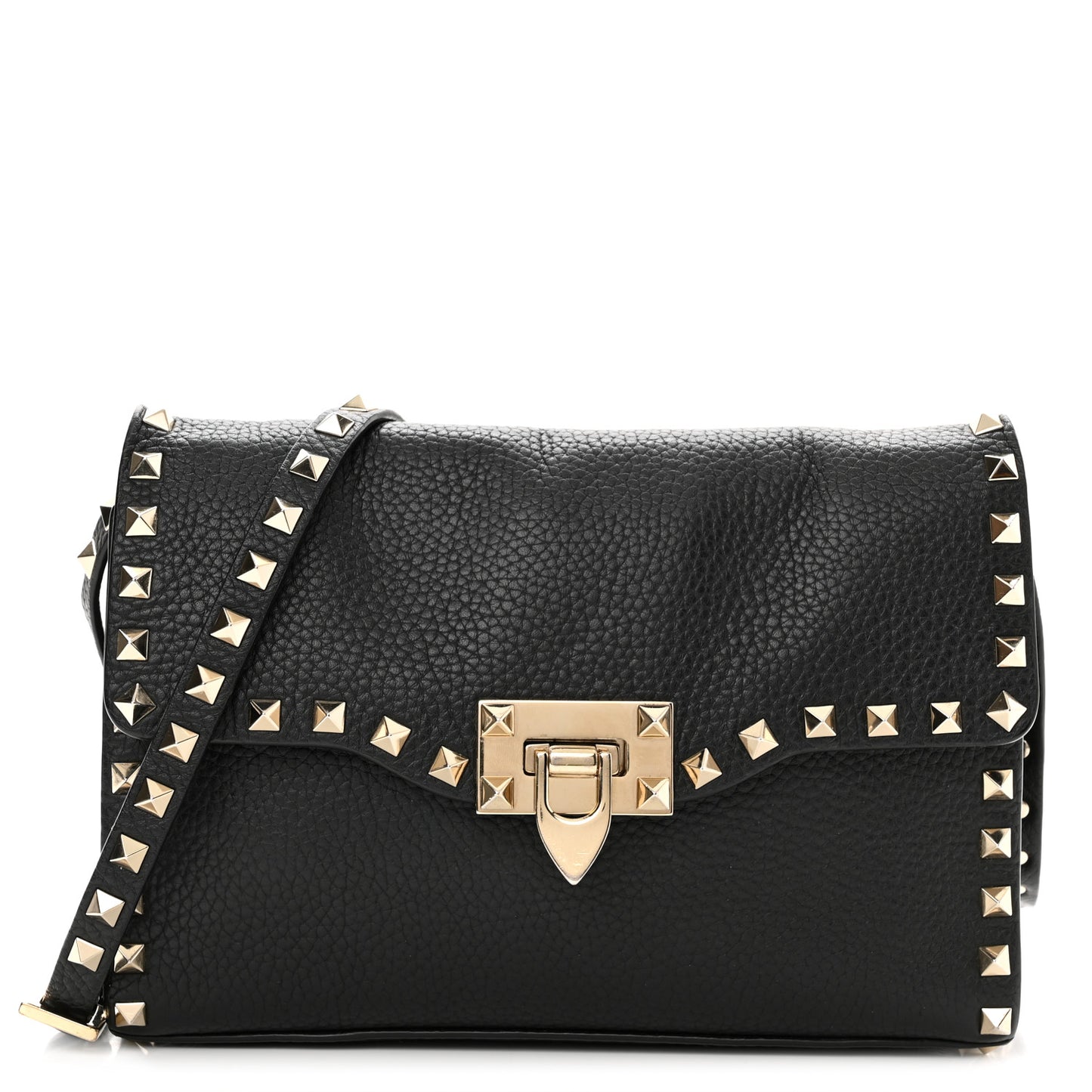 Pebbled Calfskin Medium Rockstud Flip Lock Crossbody Bag Black
