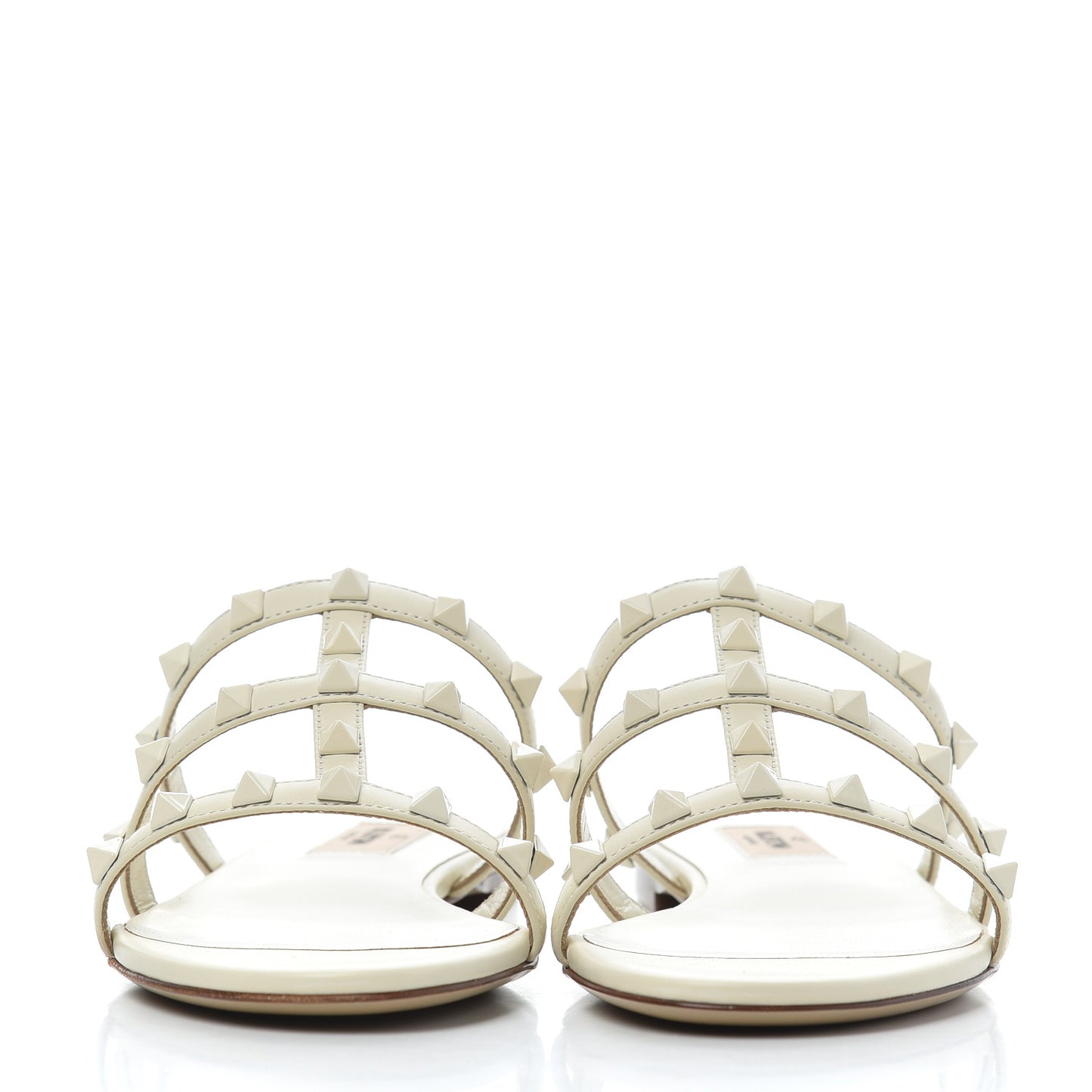 Calfskin Lacquered Monochrome Rockstud Caged Flat Slide Sandals 37.5 Ivory