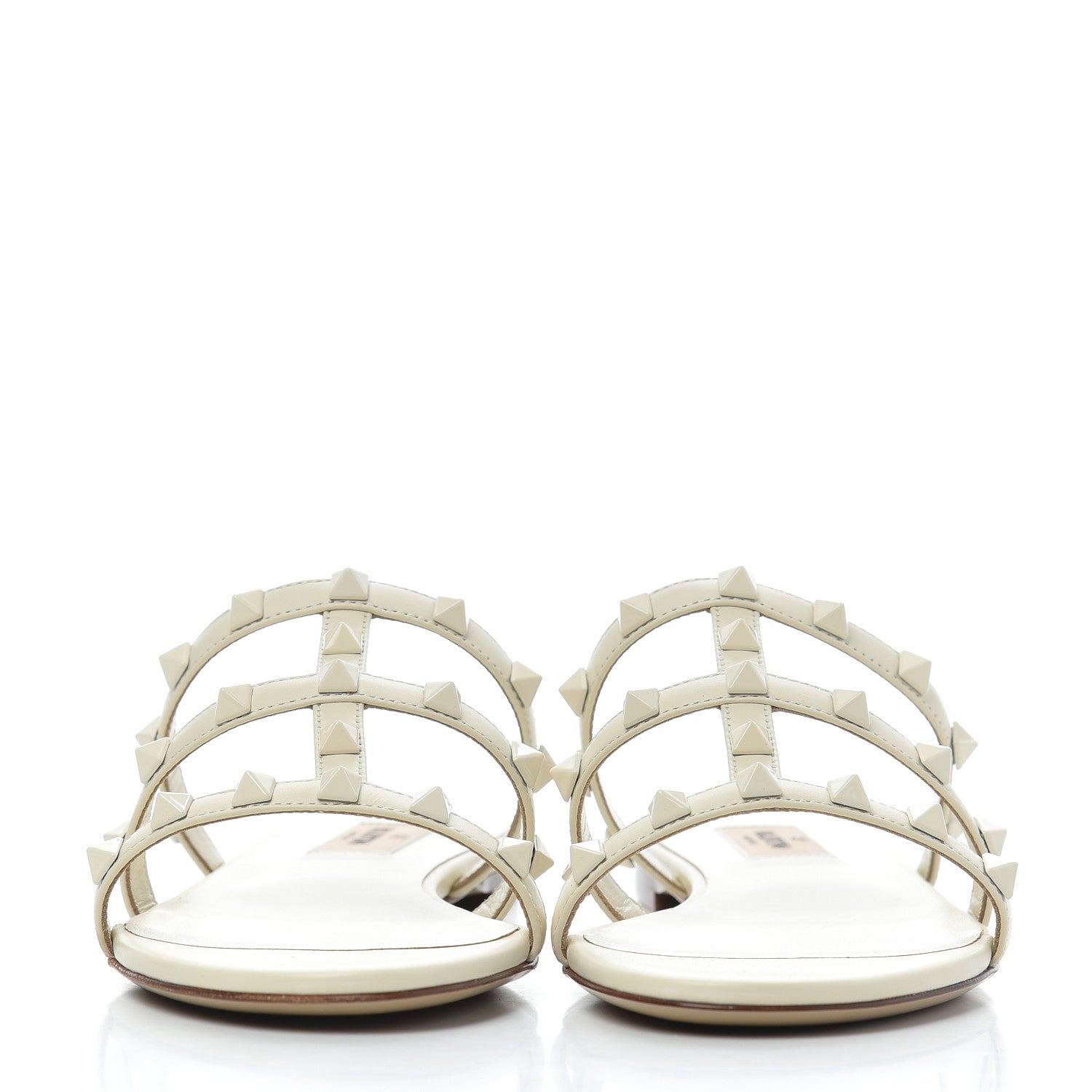 Valentino Garavani Calfskin Lacquered Monochrome Rockstud Caged Flat Slide Sandals 37.5 Ivory 2 of 9