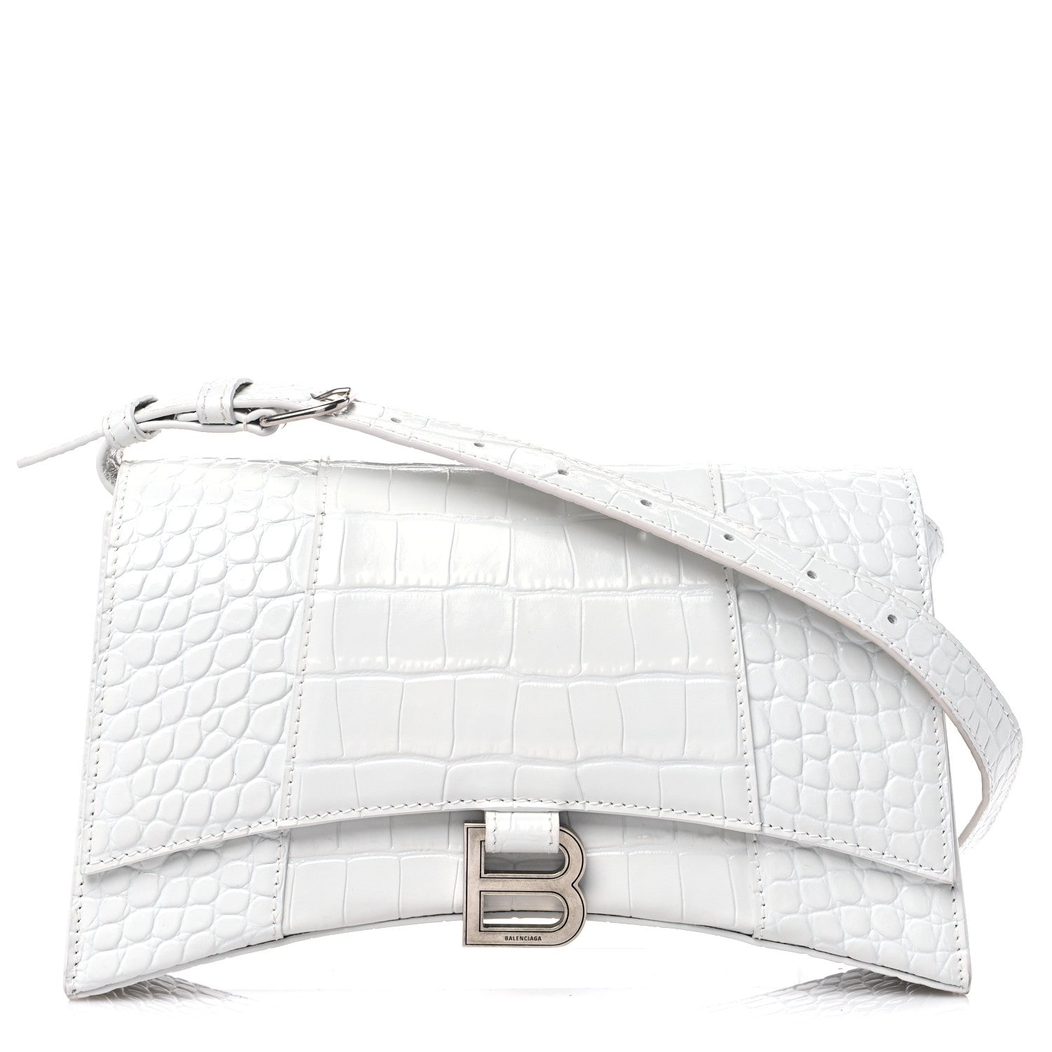 Balenciaga Shiny Calfskin Crocodile Embossed Small Hourglass Sling Shoulder Bag White 1 of 13