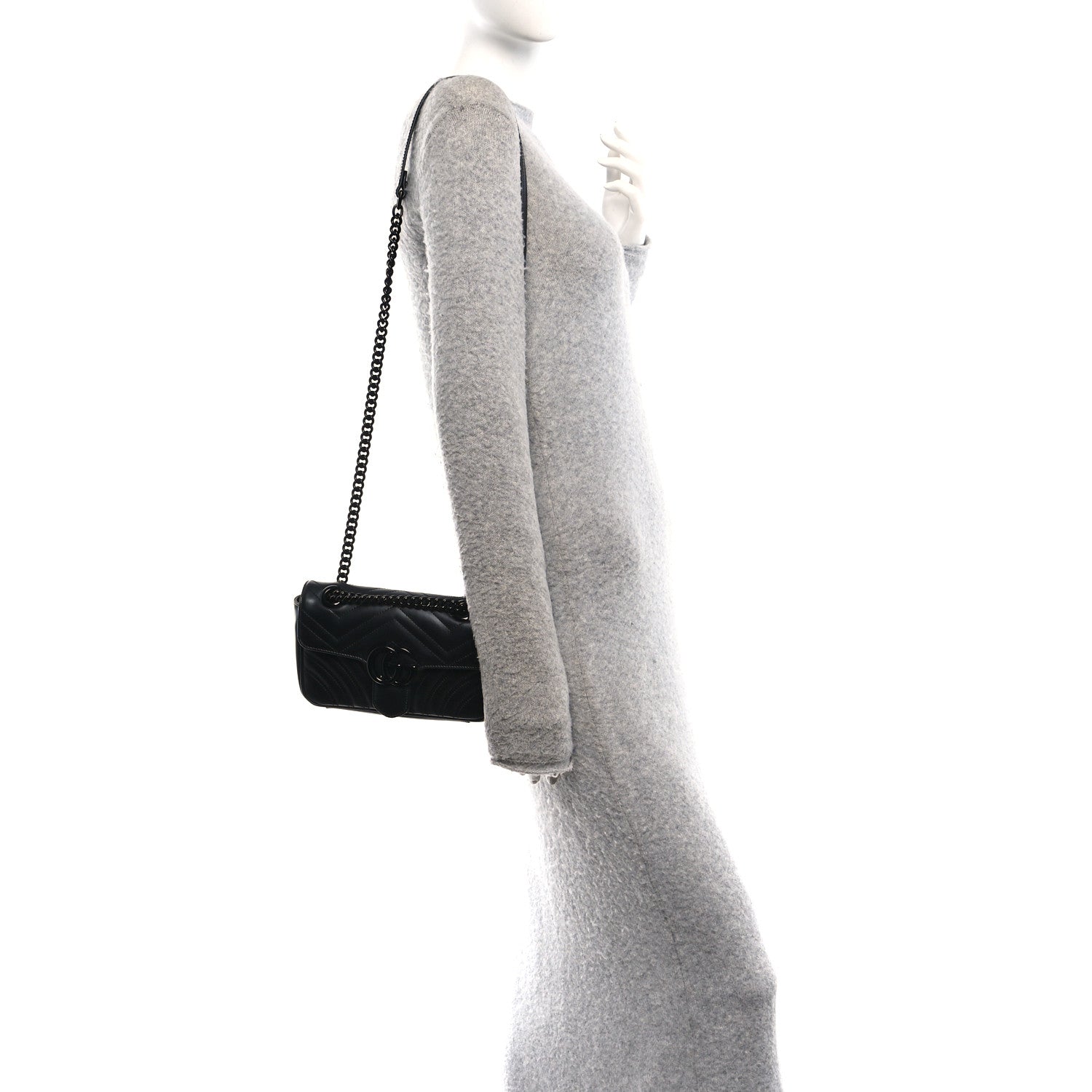 Gucci Calfskin Matelasse Monochrome Mini GG Marmont Shoulder Bag Black 2 of 11