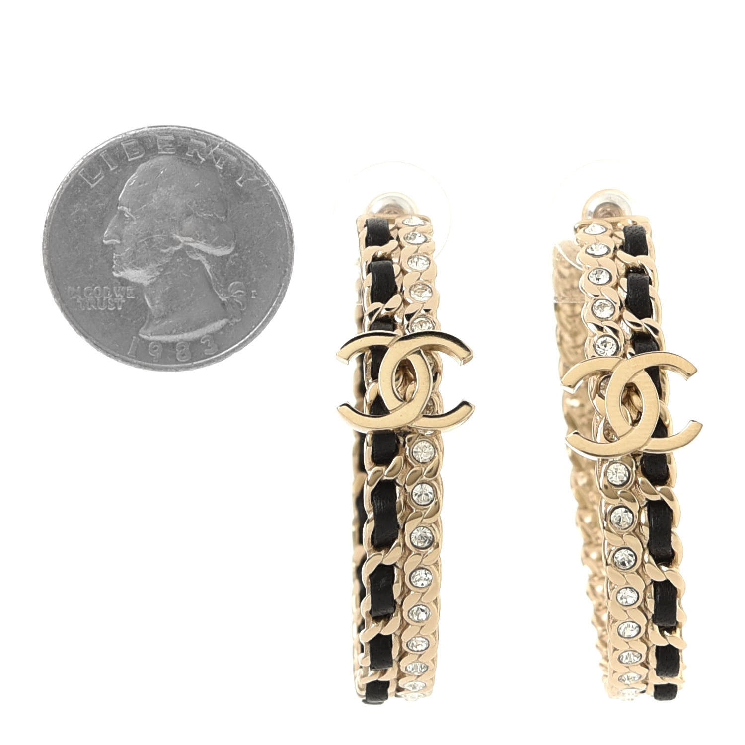 Chanel Crystal Lambskin CC Chain Hoop Earrings Gold Black 3 of 4