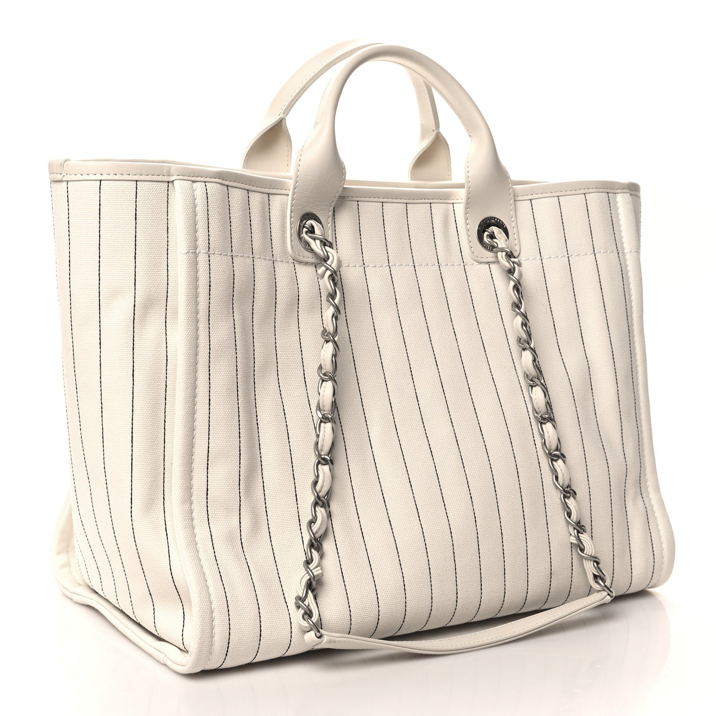 Canvas Calfskin Striped Medium Deauville Tote White Black