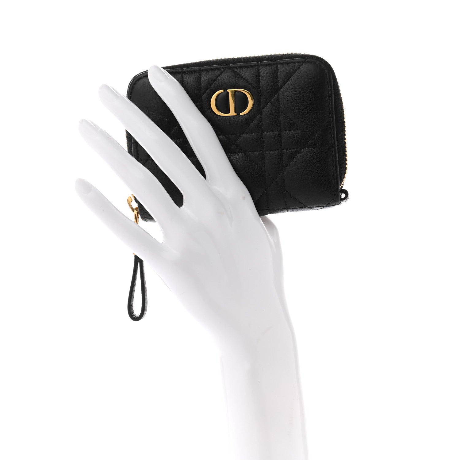 Christian Dior Grained Calfskin Supple Cannage Caro Compact Zip Card Wallet Black 2 of 7