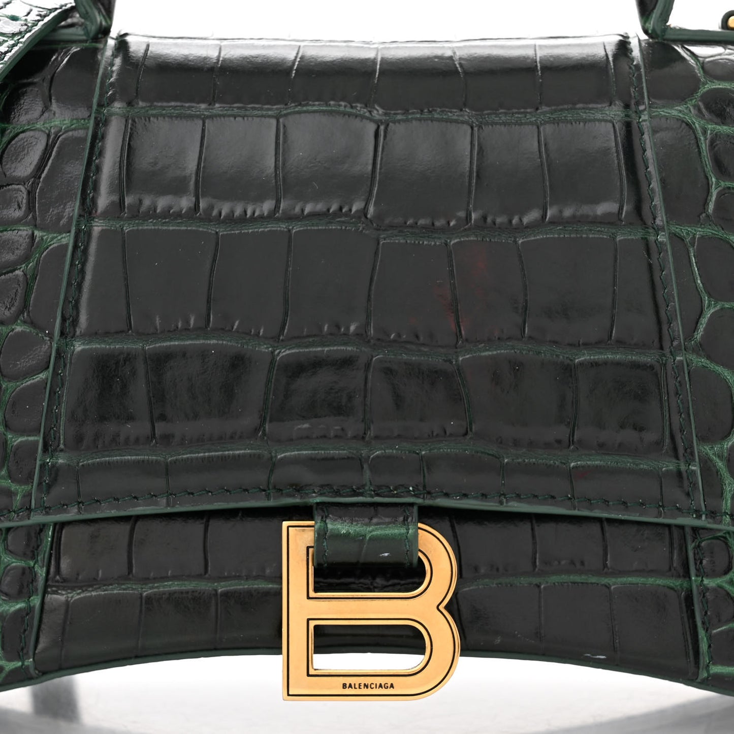 Shiny Calfskin Crocodile Embossed Small Hourglass Top Handle Bag Forest Green