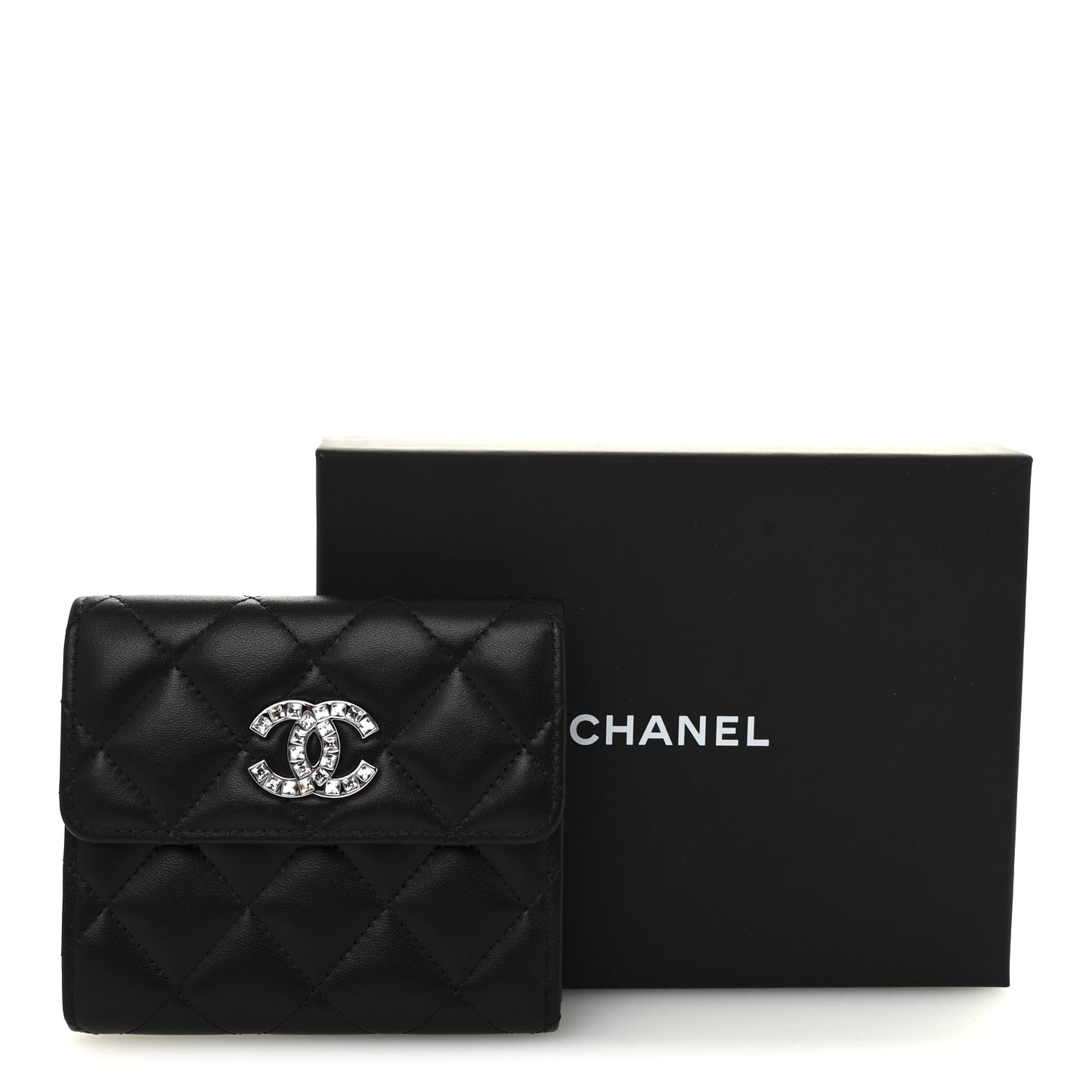 Lambskin Quilted Baguette Crystal Small Compact Wallet Black