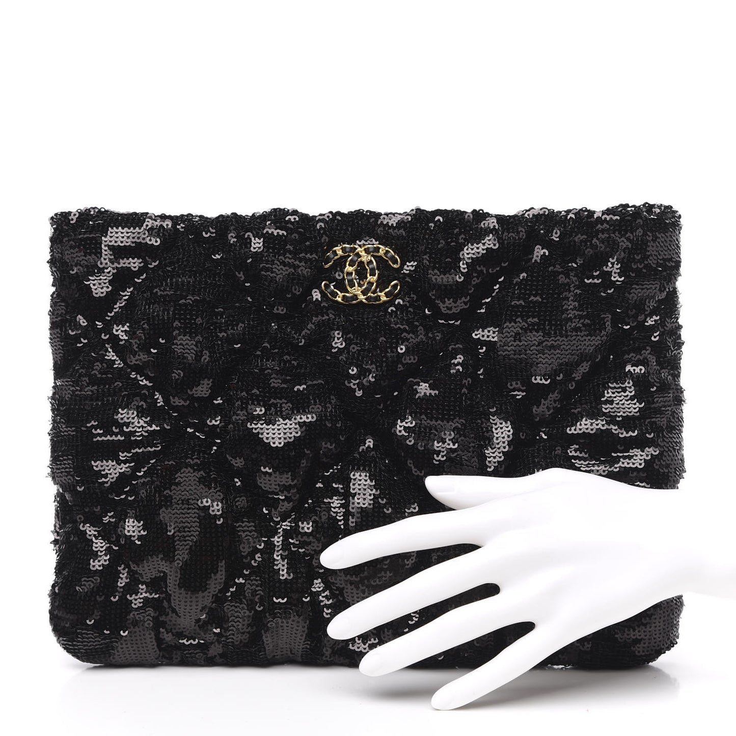 Sequins Quilted Large Chanel 19 Pouch Black
