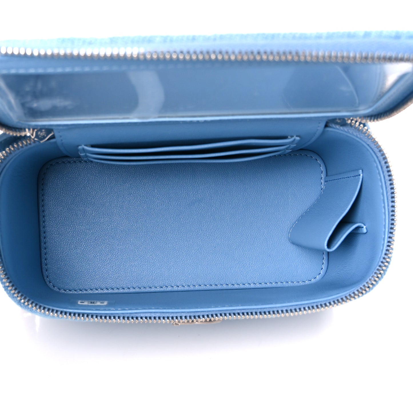 Denim Quilted Sweetheart Small Vanity Case With Chain Blue