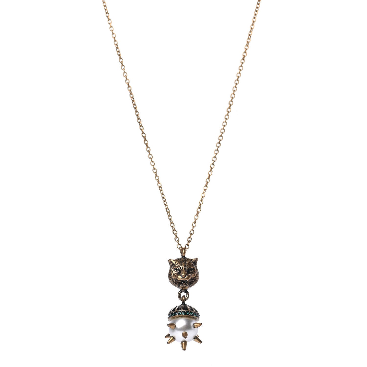 Gucci Metal Crystal Pearl Tiger Head Necklace Aged Gold 1 of 4