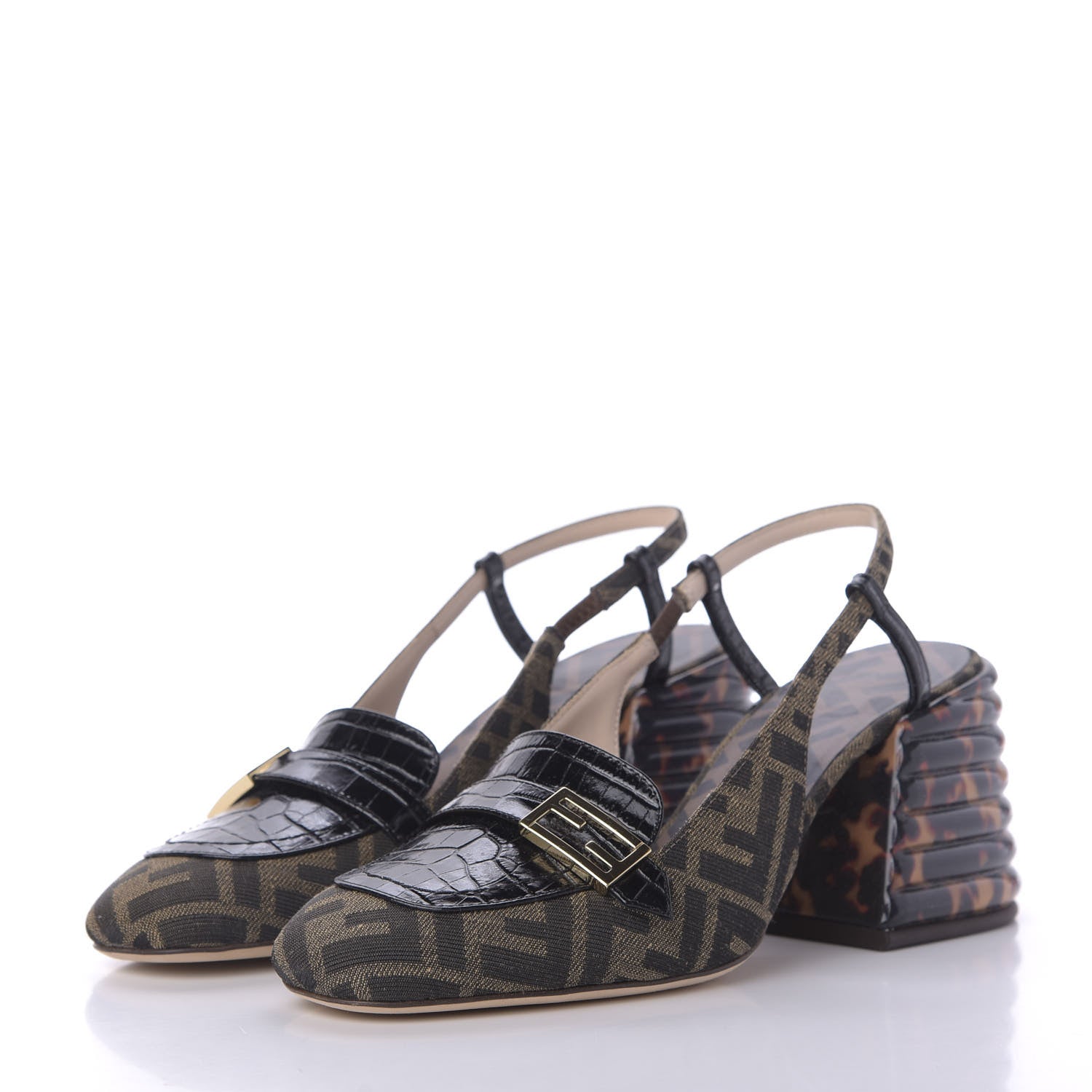 Fendi Jacquard Calfskin FF Tortoise Promenade Slingback Loafer Pumps 39.5 Tobacco 3 of 10
