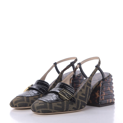 Fendi Jacquard Calfskin FF Tortoise Promenade Slingback Loafer Pumps 39.5 Tobacco 3 of 10