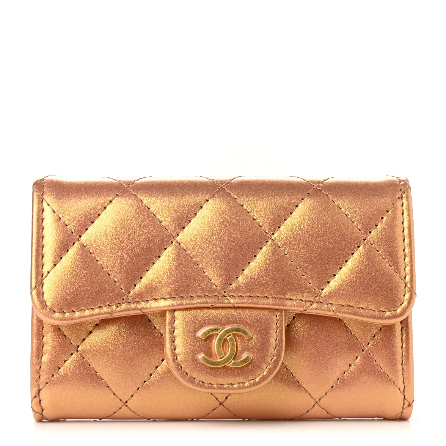 Chanel Metallic Lambskin Quilted Flap Card Holder Wallet Gold 1 of 8