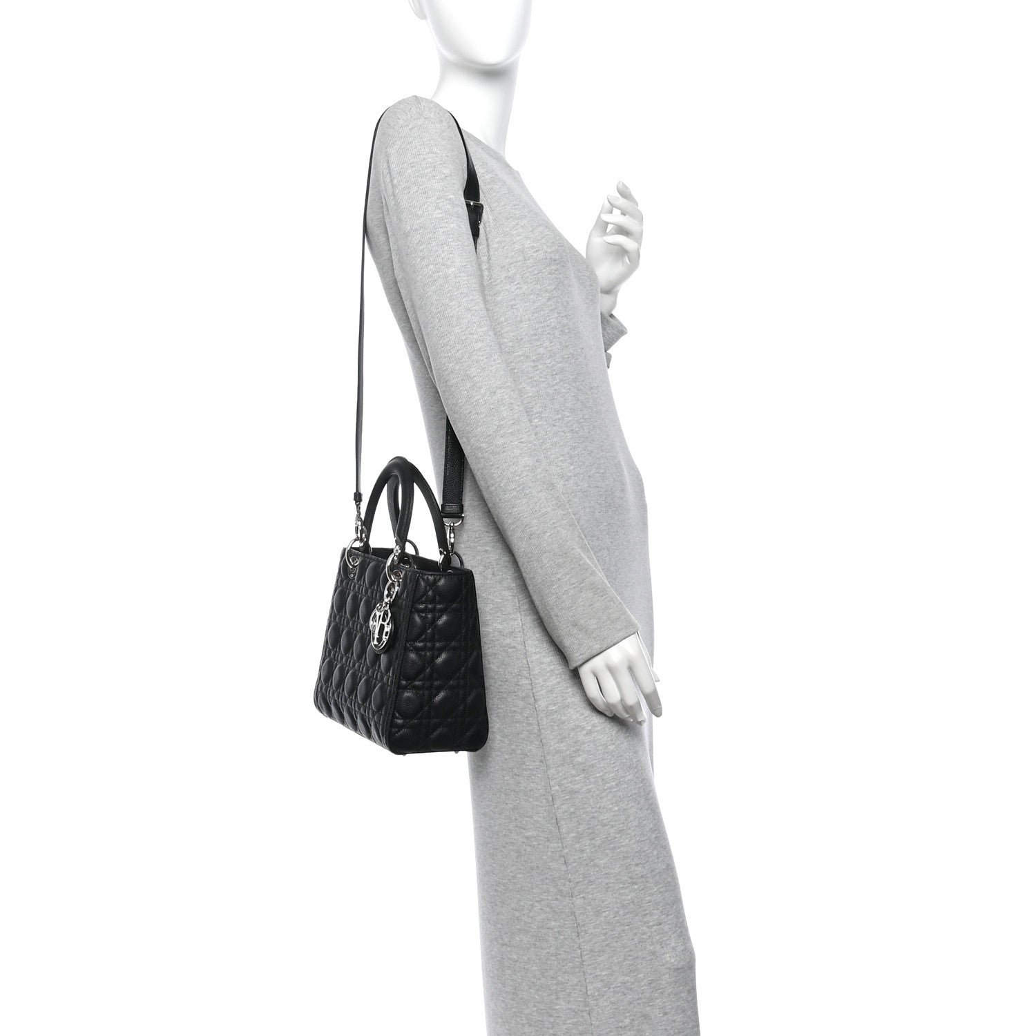 Christian Dior Grained Calfskin Cannage Medium Lady Dior Black 2 of 10