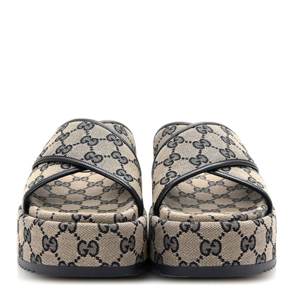 Gucci Monogram Criss Cross Platform Slide Sandals 37 Beige Blue 3 of 10