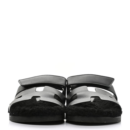 Hermes Calfskin Woolskin Womens Chypre Sandals 38 Black 2 of 13