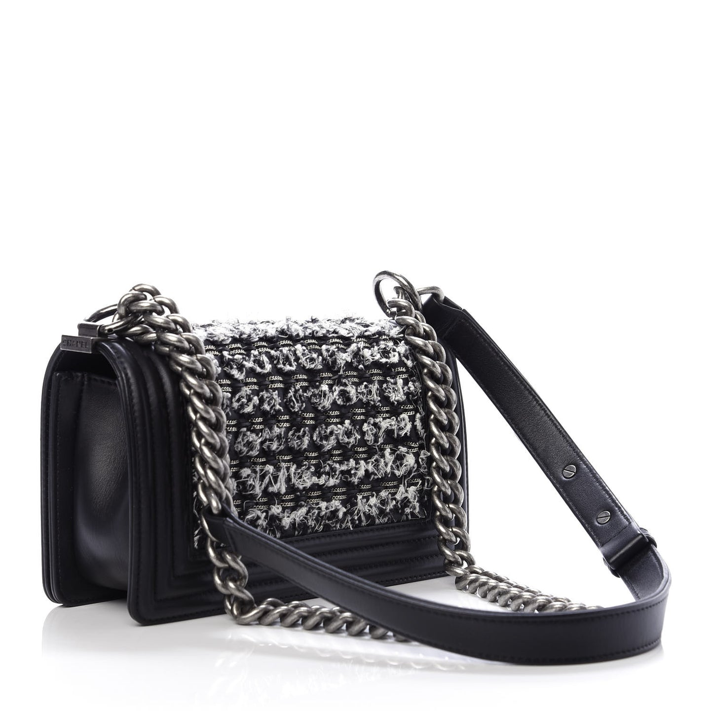 Tweed Calfskin Small Boy Flap Black