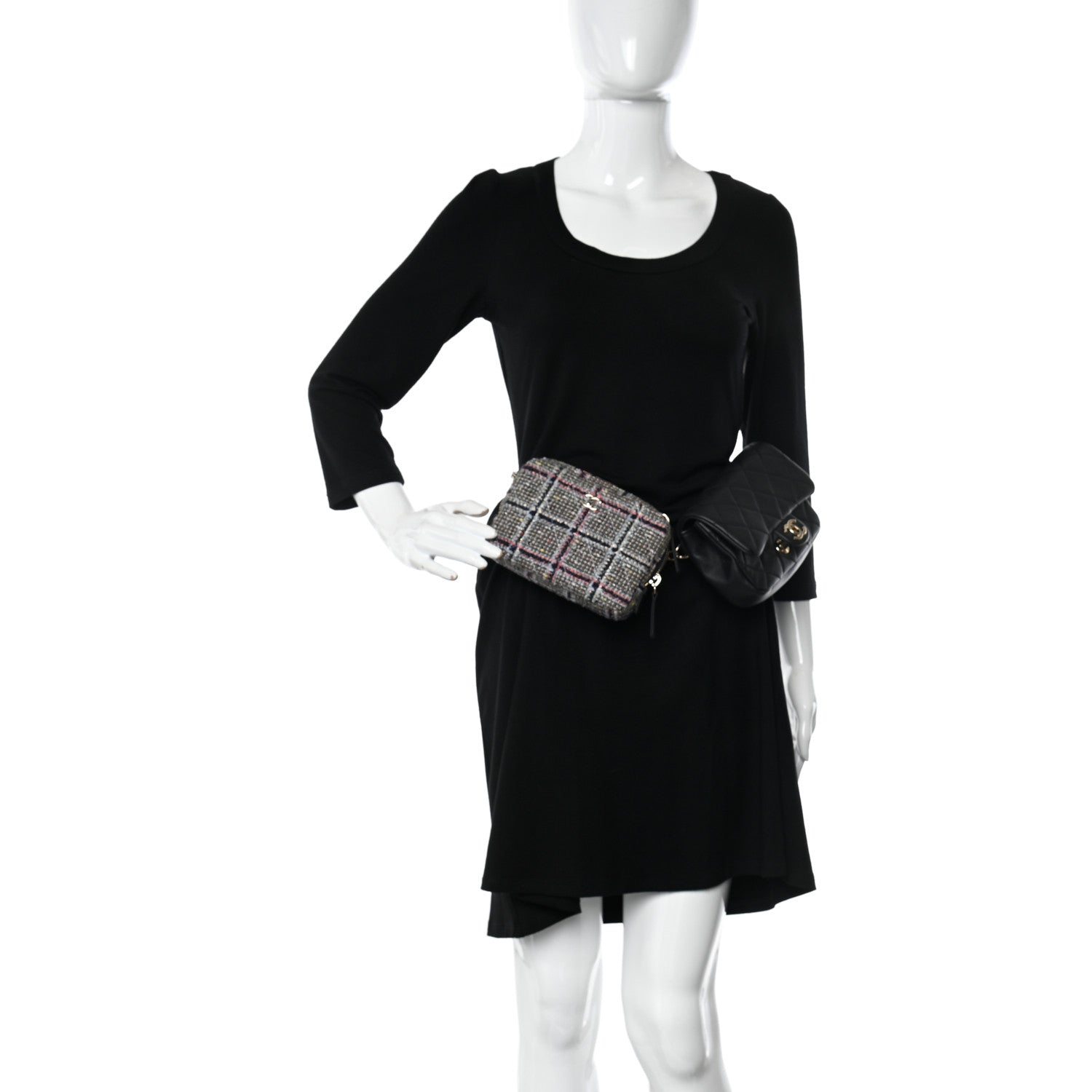 Chanel Tweed Lambskin Quilted Double Belt Bag Black 2 of 14