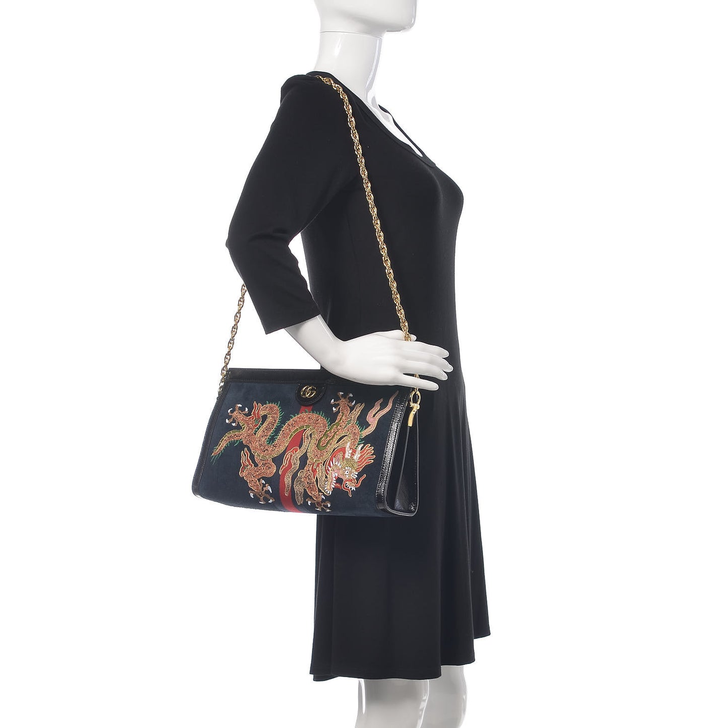 Suede Patent Web Dragon Embroidered Medium Ophidia Chain Shoulder Bag Blue Multicolor Black