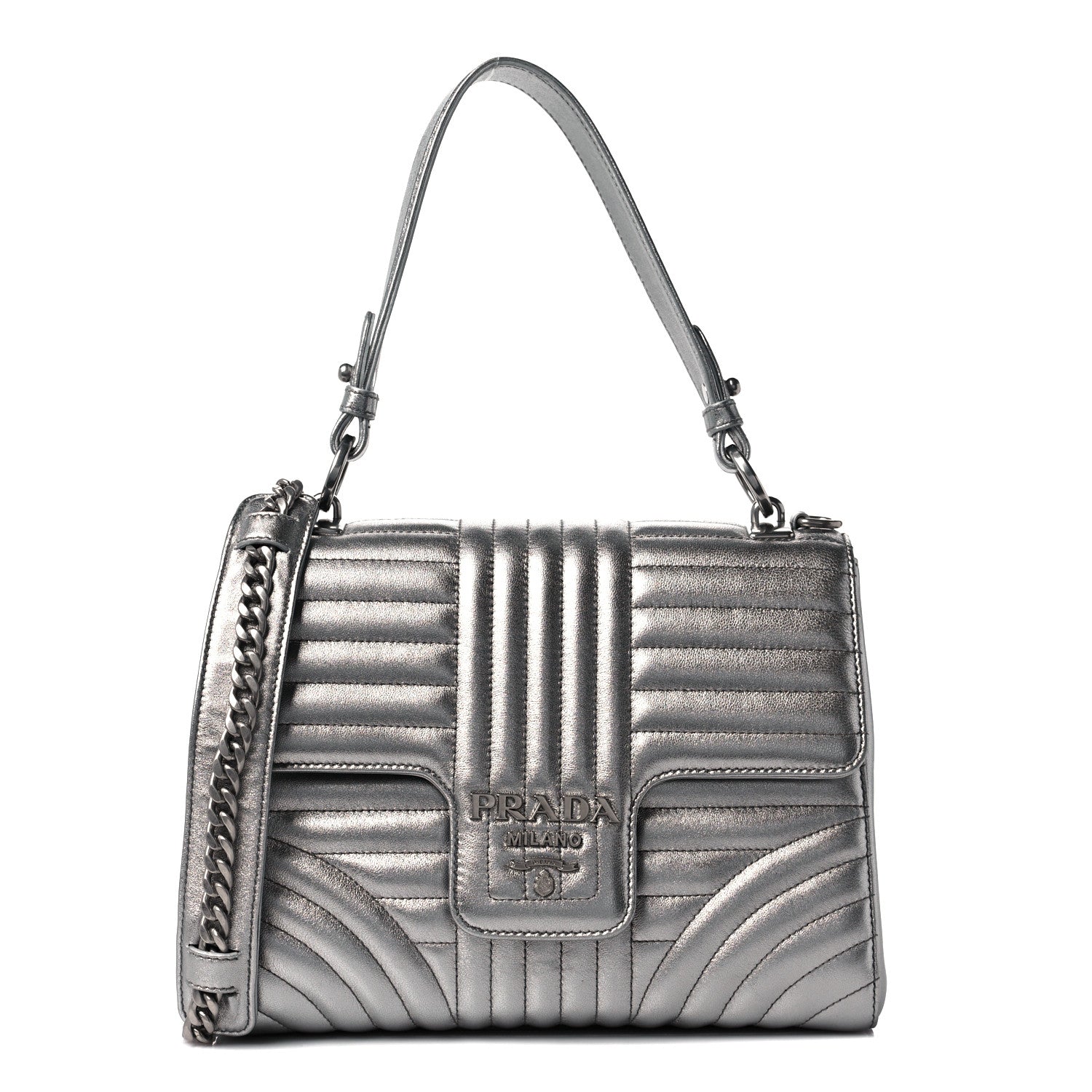 Prada Metallic Nappa Impunture Diagramme Flap Top Handle Bag Cromo 1 of 9