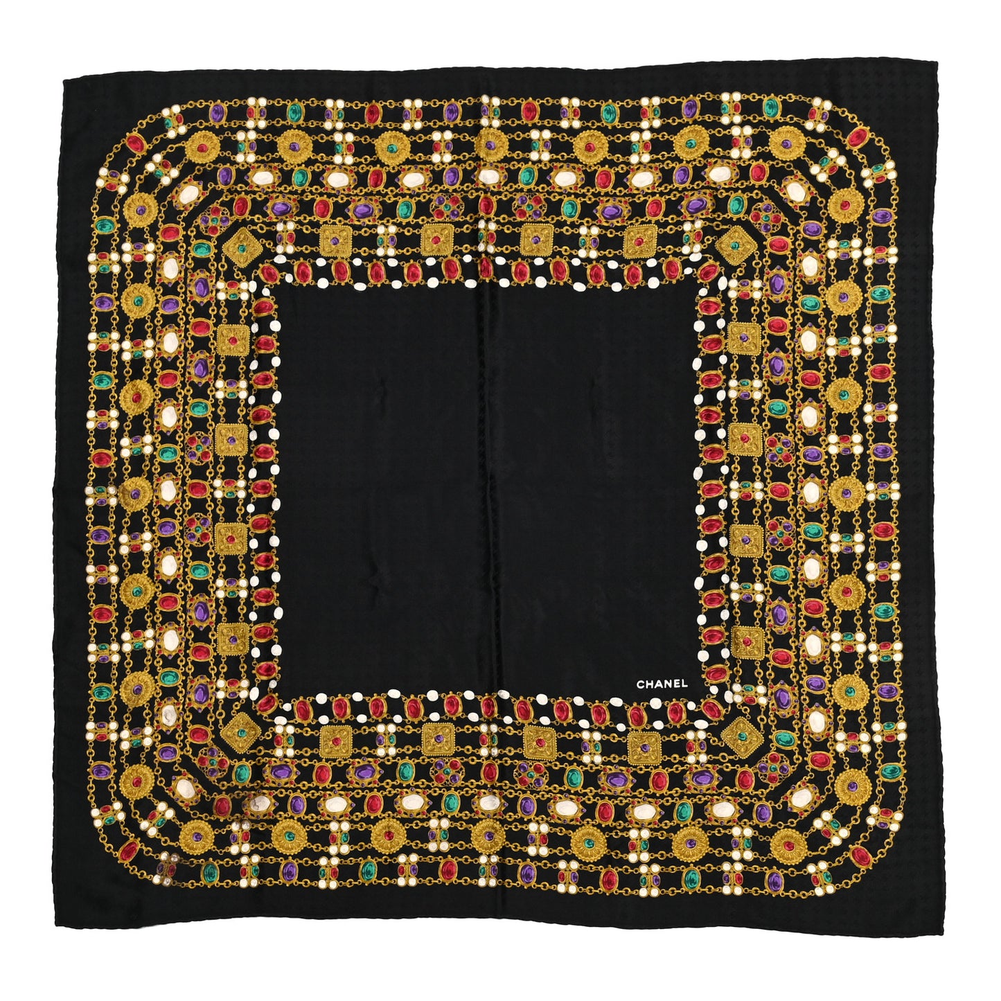 Silk Pearl Jewel Chain Print Scarf Black