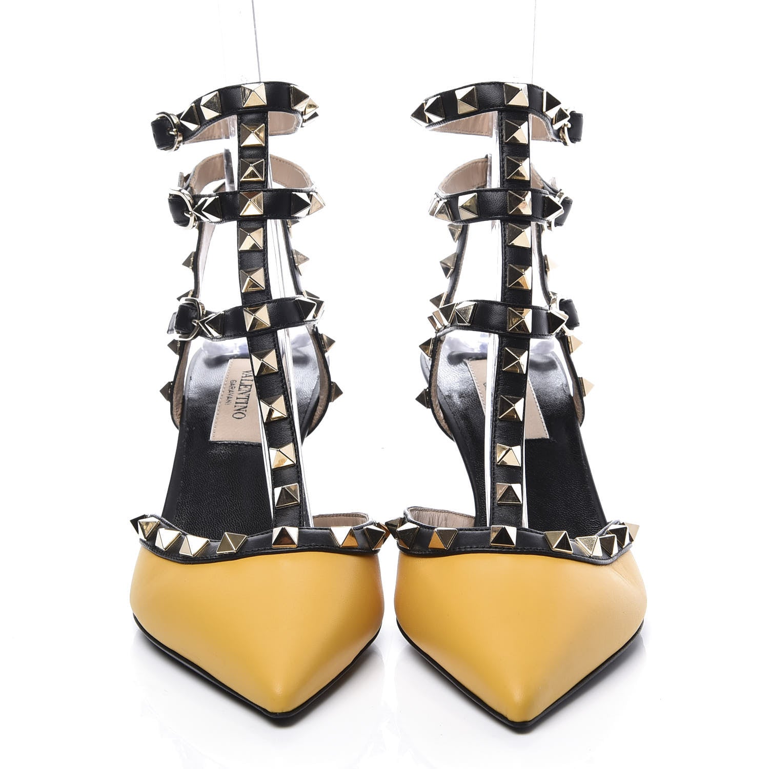 Valentino Garavani Nappa Rockstud Ankle Strap Low Heel Pumps 36 Yellow Black 3 of 9
