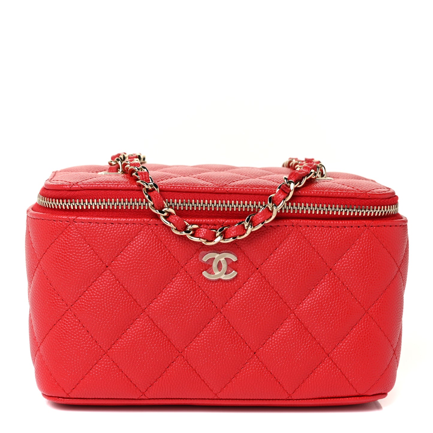 Caviar Quilted Small Vanity Case With Chain Red